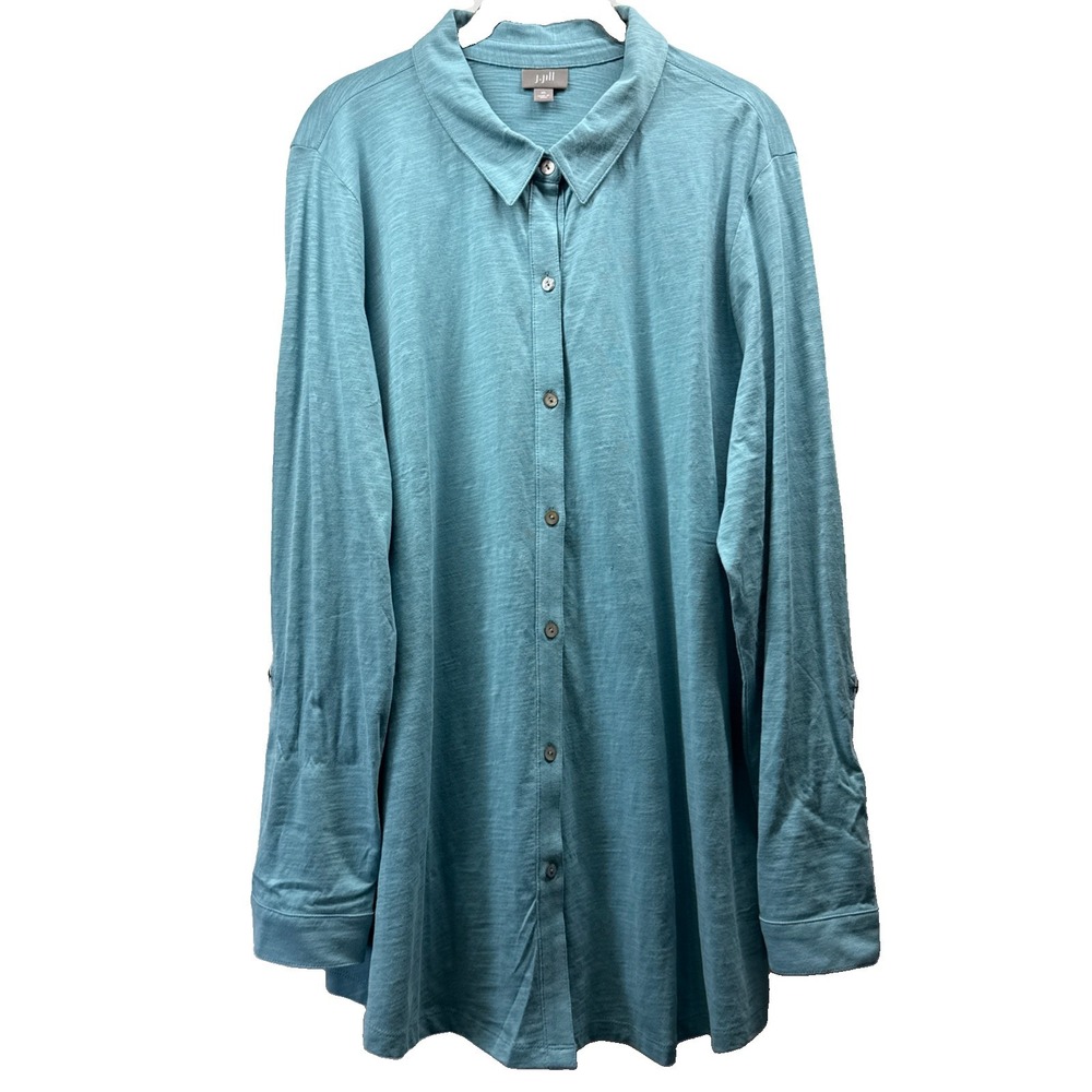 J Jill Women's Tunic Top Size XL Solid Blue Button Up Long Sleeve 100% Cotton